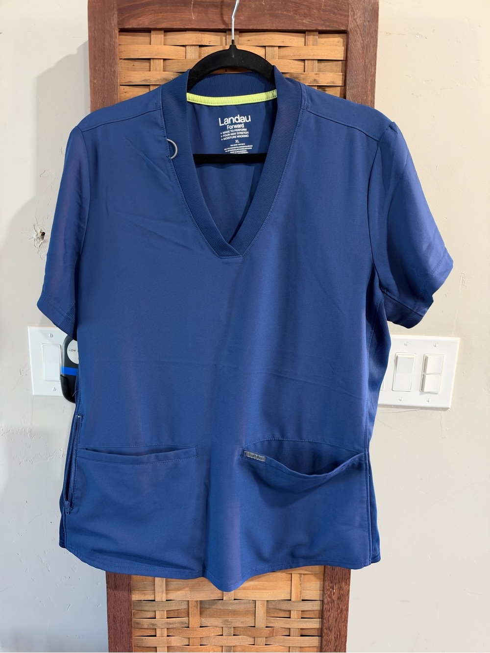 Landau Women's Short-Sleeve V-Neck Scrub Top in Navy with Lime Trim